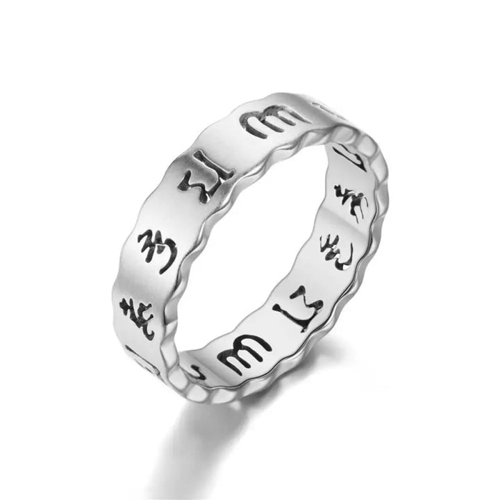 Buddha Stones Tibetan Hollow Om Mani Padme Hum Titanium Steel Balance Ring - Silvery / US6 - Ring