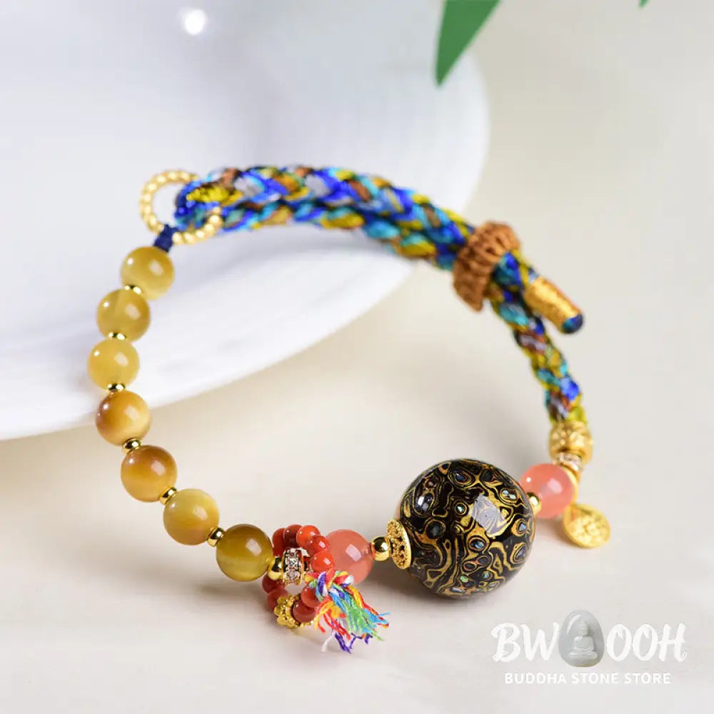 Buddha Stones Tibetan Lacquer Bead Hand-woven Tiger Eye Stone Protection Bracelet - Lacquer Beadsm &amp; Tiger Eye (Wrist