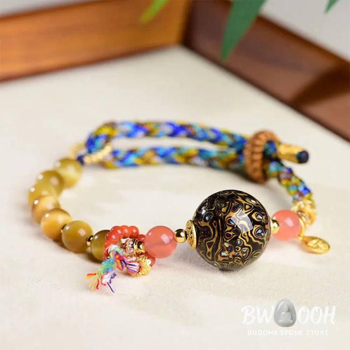 Buddha Stones Tibetan Lacquer Bead Hand-woven Tiger Eye Stone Protection Bracelet - Lacquer Beadsm &amp; Tiger Eye (Wrist
