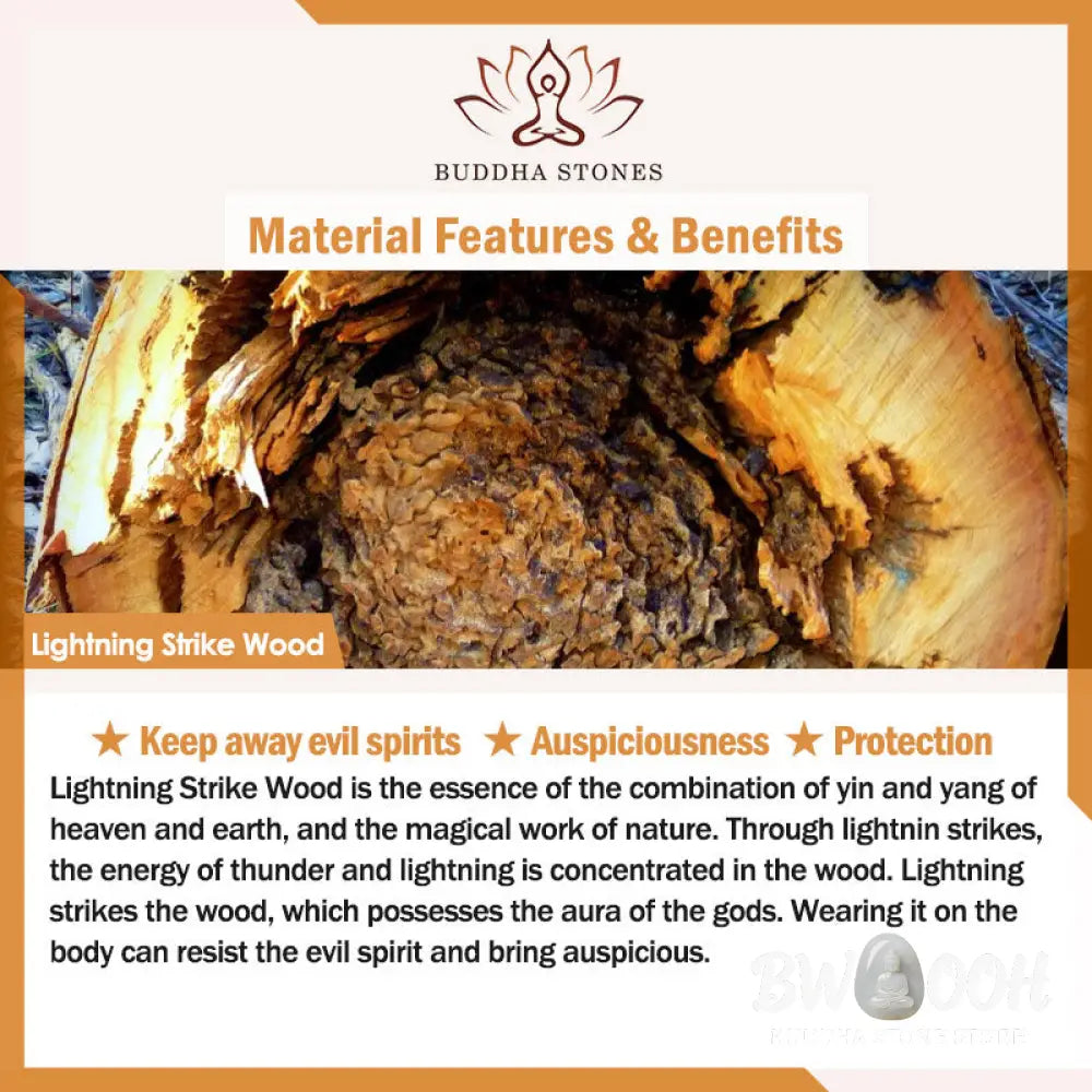 A BWOOOH Tibetan Lightning Strike Wood Mala Bracelet, 46cm circumference, featuring distinct lightning bolt markings, accented with a silver-colored Lotus symbol and a peaceful Buddha charm. - View 7
