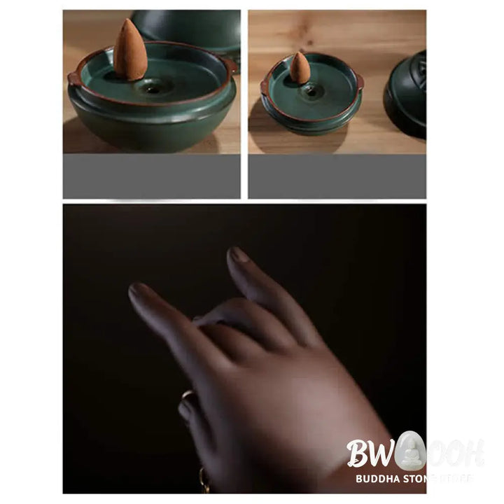BWOOOH Tibetan Lotus Blessing Ceramic Incense Burner Decoration - Green - Incense Burner