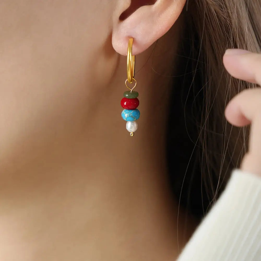 Buddha Stones Tibetan Marnyi Stone Design Natural Red Agate Pearl Confidence Titanium Steel Earrings - Red Natural