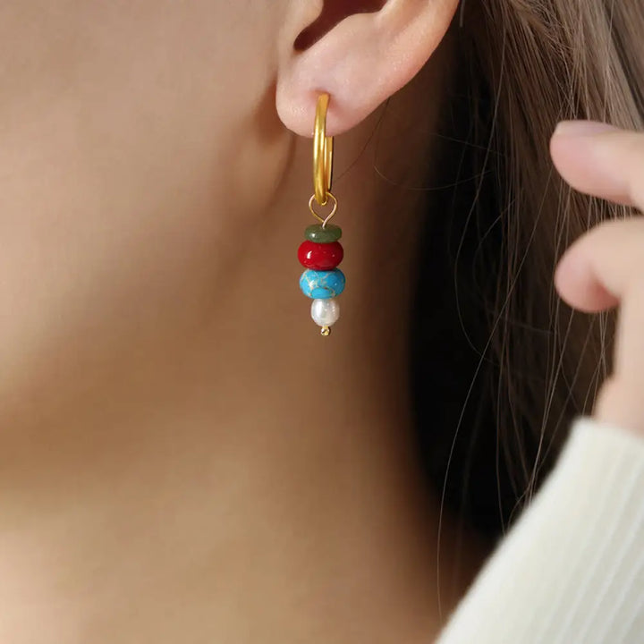 Buddha Stones Tibetan Marnyi Stone Design Natural Red Agate Pearl Confidence Titanium Steel Earrings - Red Natural
