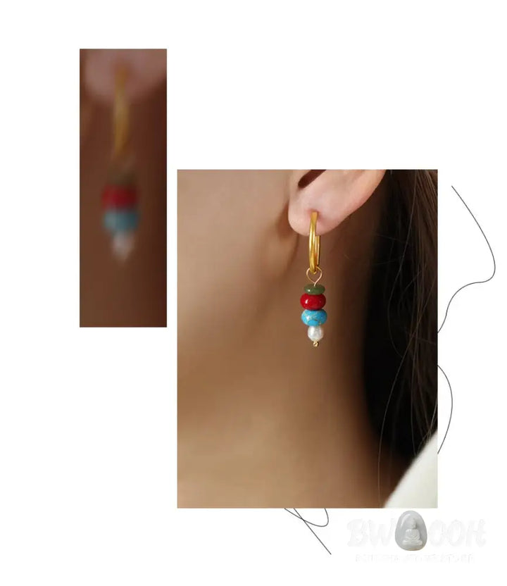Buddha Stones Tibetan Marnyi Stone Design Natural Red Agate Pearl Confidence Titanium Steel Earrings - Earrings