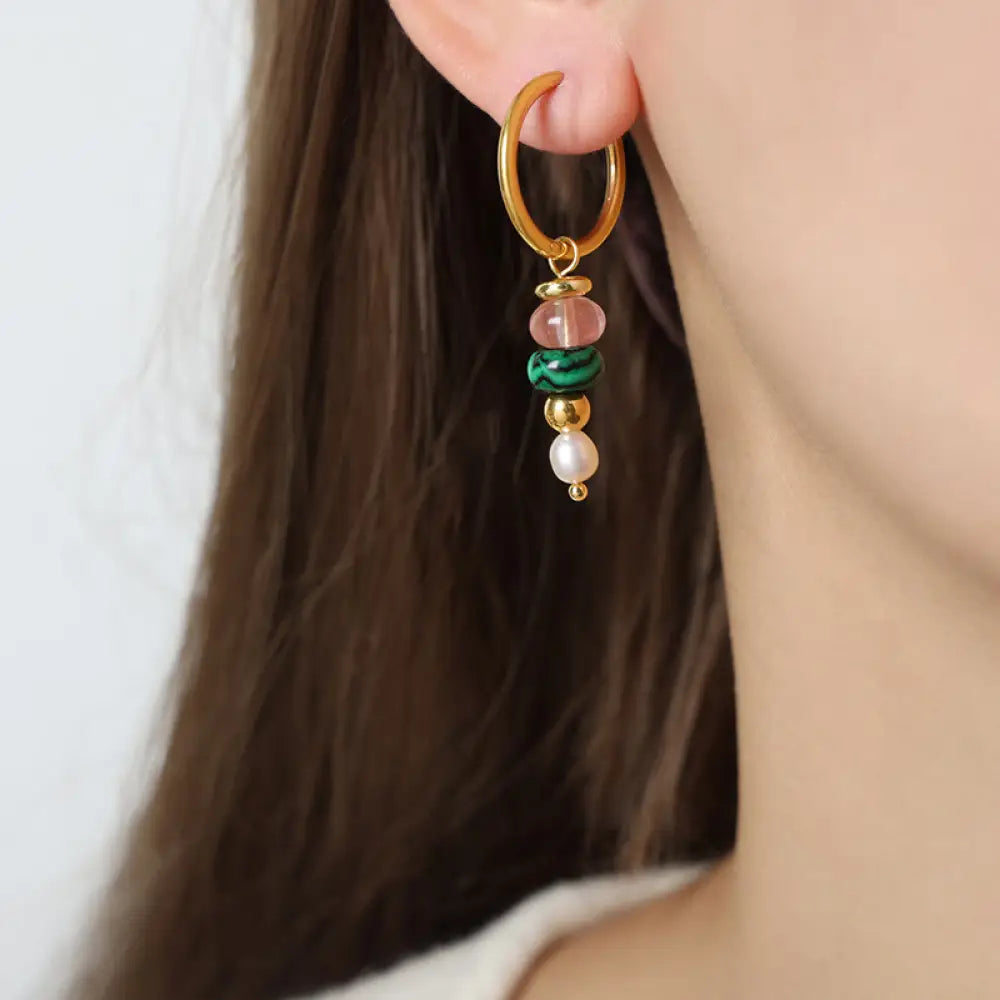Buddha Stones Tibetan Marnyi Stone Design Natural Red Agate Pearl Confidence Titanium Steel Earrings - Green Natural