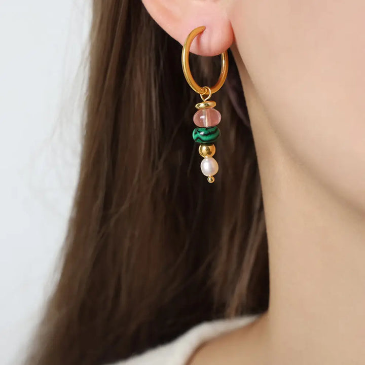 Buddha Stones Tibetan Marnyi Stone Design Natural Red Agate Pearl Confidence Titanium Steel Earrings - Green Natural