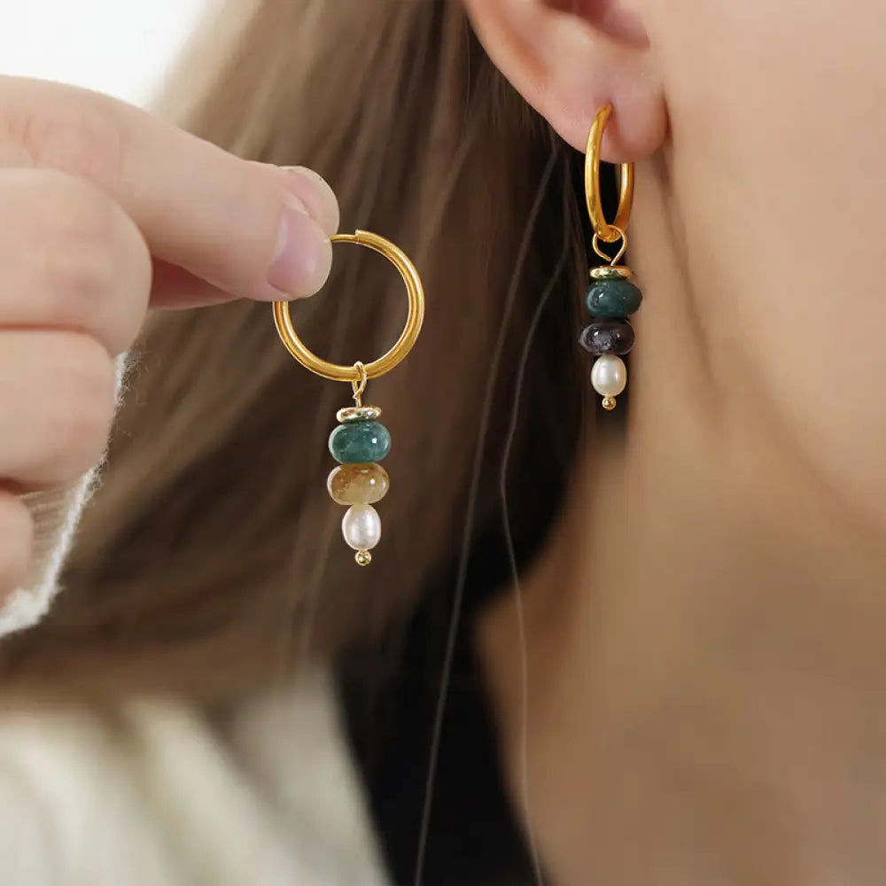 Buddha Stones Tibetan Marnyi Stone Design Natural Red Agate Pearl Confidence Titanium Steel Earrings - Yellow Natural
