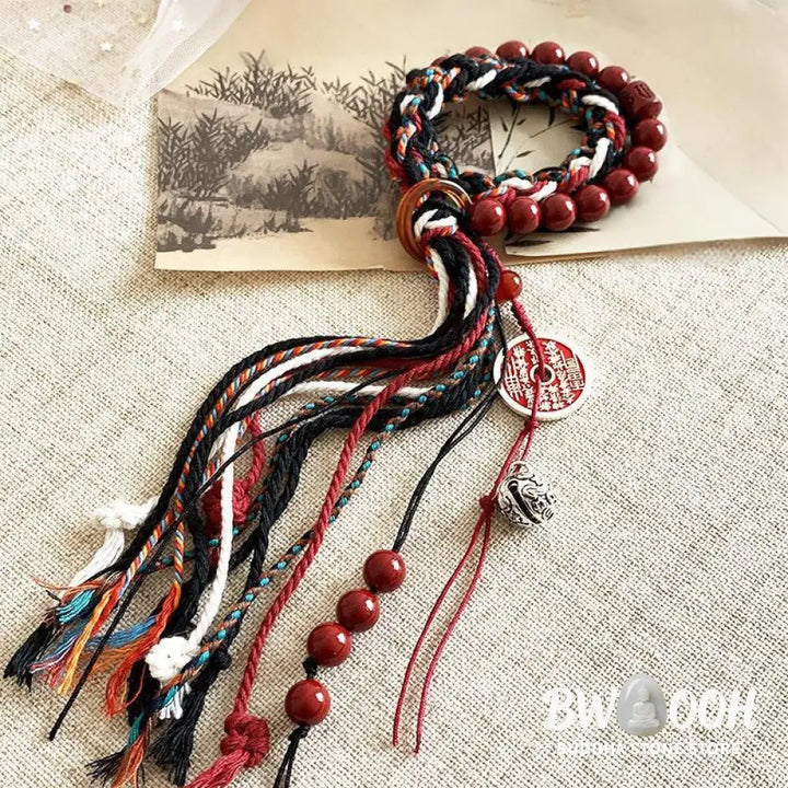 Buddha Stones Tibetan Mountain Ghosts Spend Money Cinnabar Double-Layer Red Rope Tassel Protection Bracelet - BWOOOH