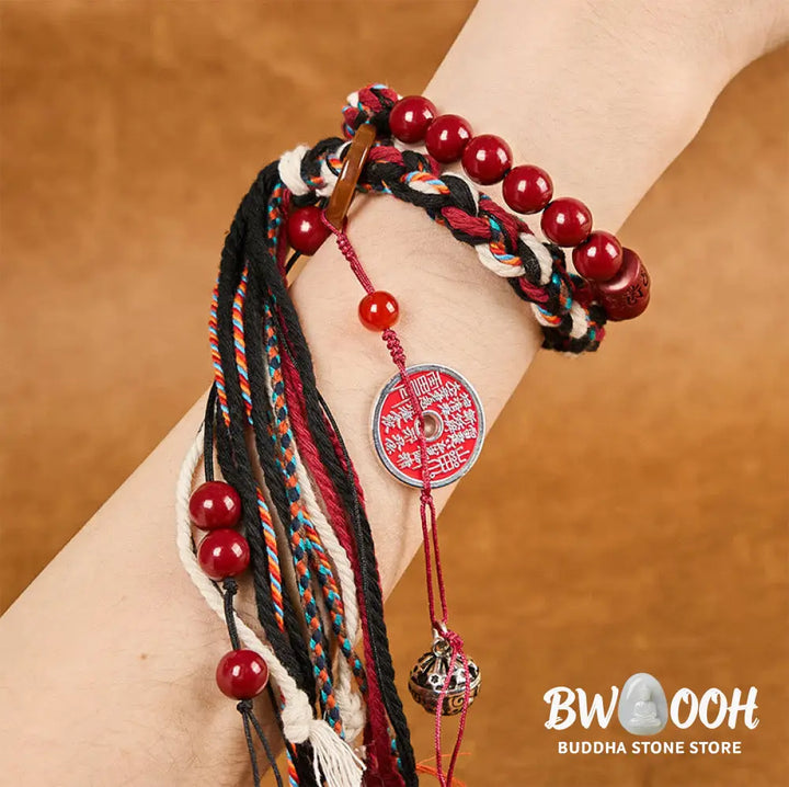 Buddha Stones Tibetan Mountain Ghosts Spend Money Cinnabar Double-Layer Red Rope Tassel Protection Bracelet - BWOOOH