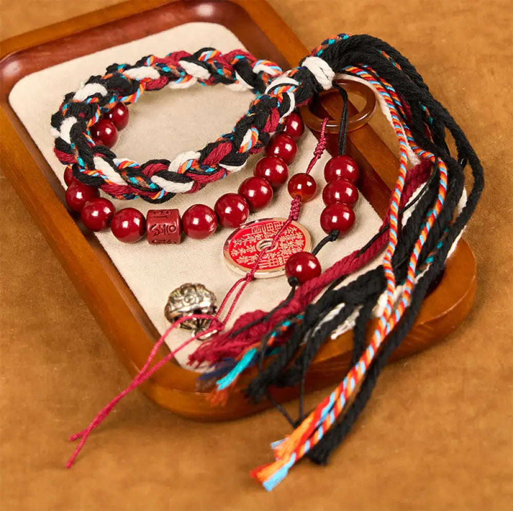 BWOOOH Tibetan Mountain Ghosts Spend Money Cinnabar Double-Layer Red Rope Tassel Protection Bracelet — Cinnabar Tibetan br...