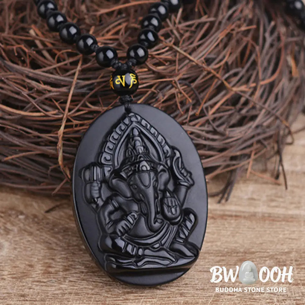 BWOOOH Tibetan Obsidian Ganesh Amulet Necklace, 56cm. Hand-carved elephant Ganesh on natural obsidian, for spiritual protection, prosperity, and root chakra grounding. - View 4