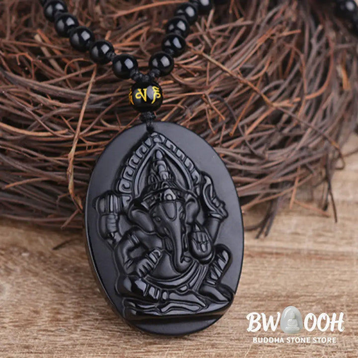BWOOOH Tibetan Obsidian Ganesh Amulet Necklace, 56cm. Hand-carved elephant Ganesh on natural obsidian, for spiritual protection, prosperity, and root chakra grounding. - View 4