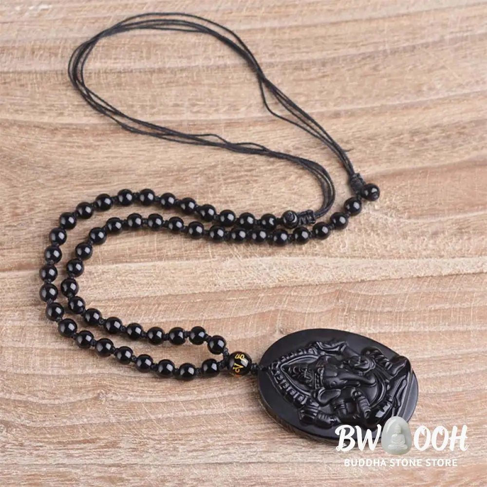 BWOOOH Tibetan Obsidian Ganesh Amulet Necklace, 56cm. Hand-carved elephant Ganesh on natural obsidian, for spiritual protection, prosperity, and root chakra grounding. - View 10