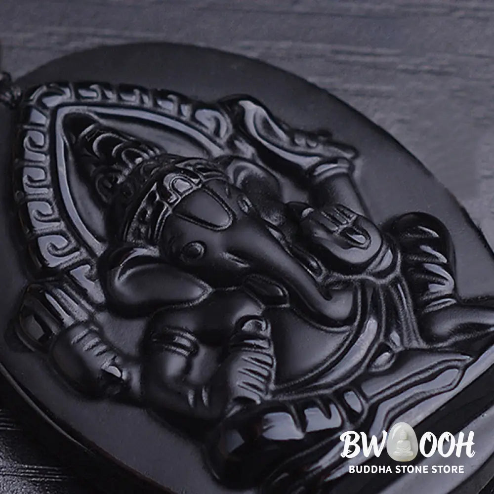 BWOOOH Tibetan Obsidian Ganesh Amulet Necklace, 56cm. Hand-carved elephant Ganesh on natural obsidian, for spiritual protection, prosperity, and root chakra grounding. - View 6