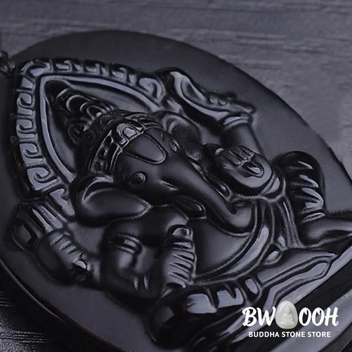 BWOOOH Tibetan Obsidian Ganesh Amulet Necklace, 56cm. Hand-carved elephant Ganesh on natural obsidian, for spiritual protection, prosperity, and root chakra grounding. - View 6