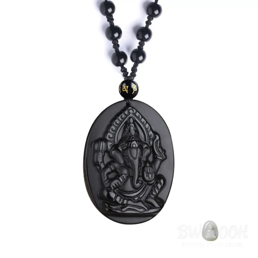 BWOOOH Tibetan Obsidian Ganesh Amulet Necklace, 56cm. Hand-carved elephant Ganesh on natural obsidian, for spiritual protection, prosperity, and root chakra grounding. - View 12