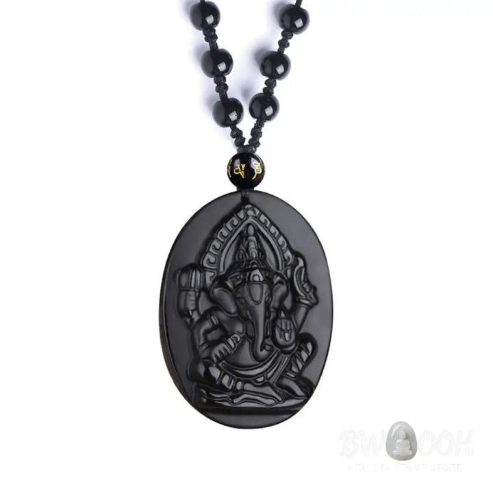 BWOOOH Tibetan Obsidian Ganesh Amulet Necklace, 56cm. Hand-carved elephant Ganesh on natural obsidian, for spiritual protection, prosperity, and root chakra grounding. - View 12