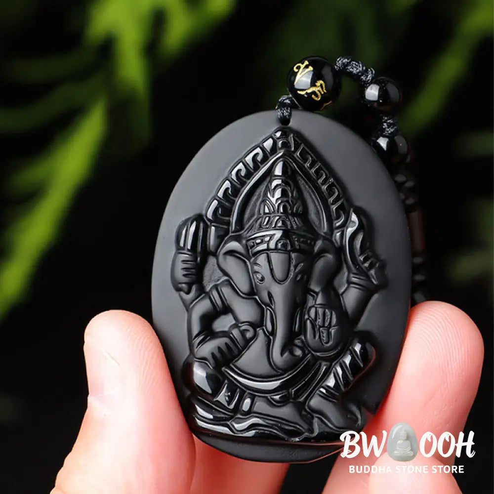 BWOOOH Tibetan Obsidian Ganesh Amulet Necklace, 56cm. Hand-carved elephant Ganesh on natural obsidian, for spiritual protection, prosperity, and root chakra grounding. - View 9