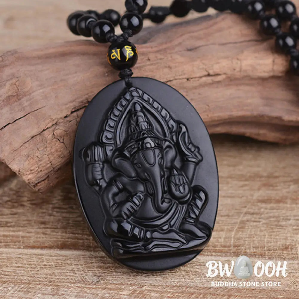 BWOOOH Tibetan Obsidian Ganesh Amulet Necklace, 56cm. Hand-carved elephant Ganesh on natural obsidian, for spiritual protection, prosperity, and root chakra grounding. - View 2