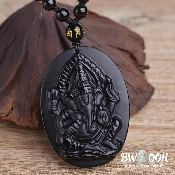 BWOOOH Tibetan Obsidian Ganesh Amulet Necklace, 56cm. Hand-carved elephant Ganesh on natural obsidian, for spiritual protection, prosperity, and root chakra grounding. - View 5