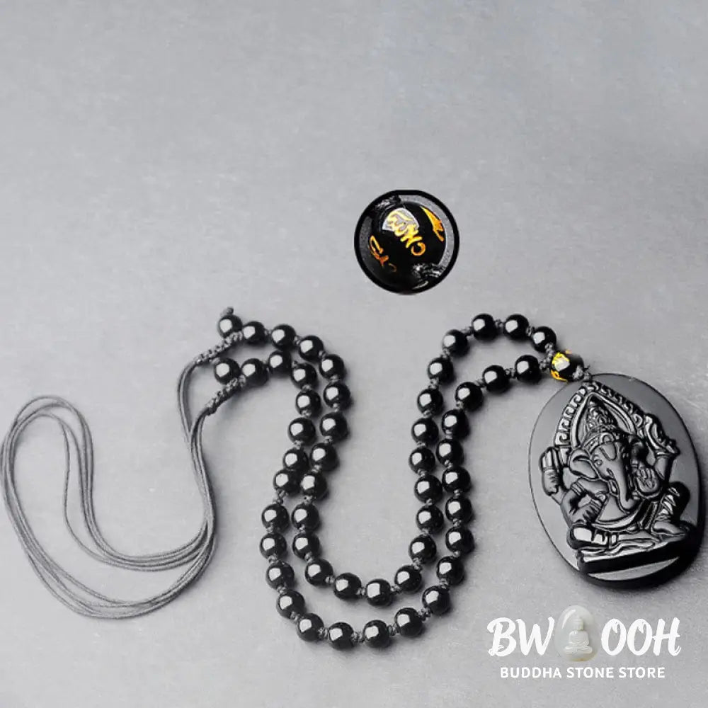 BWOOOH Tibetan Obsidian Ganesh Amulet Necklace, 56cm. Hand-carved elephant Ganesh on natural obsidian, for spiritual protection, prosperity, and root chakra grounding. - View 11