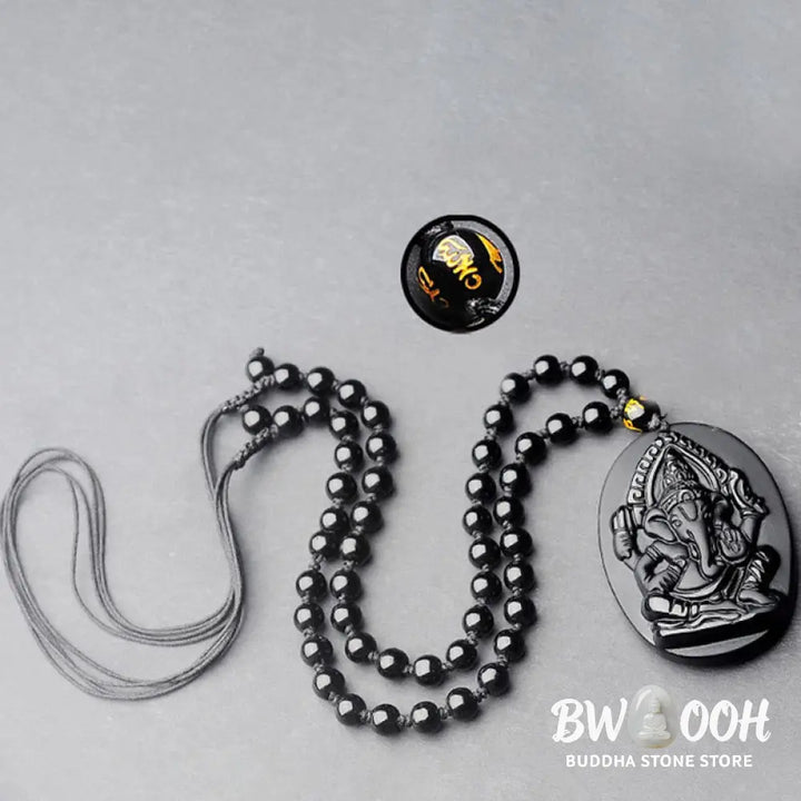 BWOOOH Tibetan Obsidian Ganesh Amulet Necklace, 56cm. Hand-carved elephant Ganesh on natural obsidian, for spiritual protection, prosperity, and root chakra grounding. - View 11