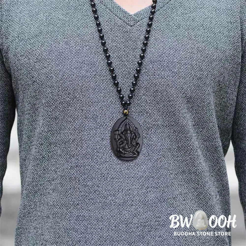 BWOOOH Tibetan Obsidian Ganesh Amulet Necklace, 56cm. Hand-carved elephant Ganesh on natural obsidian, for spiritual protection, prosperity, and root chakra grounding. - View 7