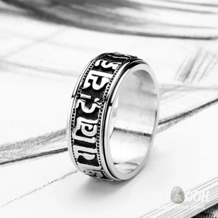 Buddha Stones Tibetan Om Mani Padme Hum Titanium Steel Spinner Balance Ring - Ring