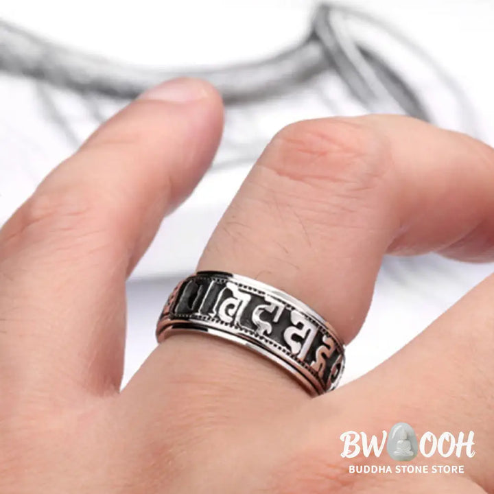 Buddha Stones Tibetan Om Mani Padme Hum Titanium Steel Spinner Balance Ring - Ring