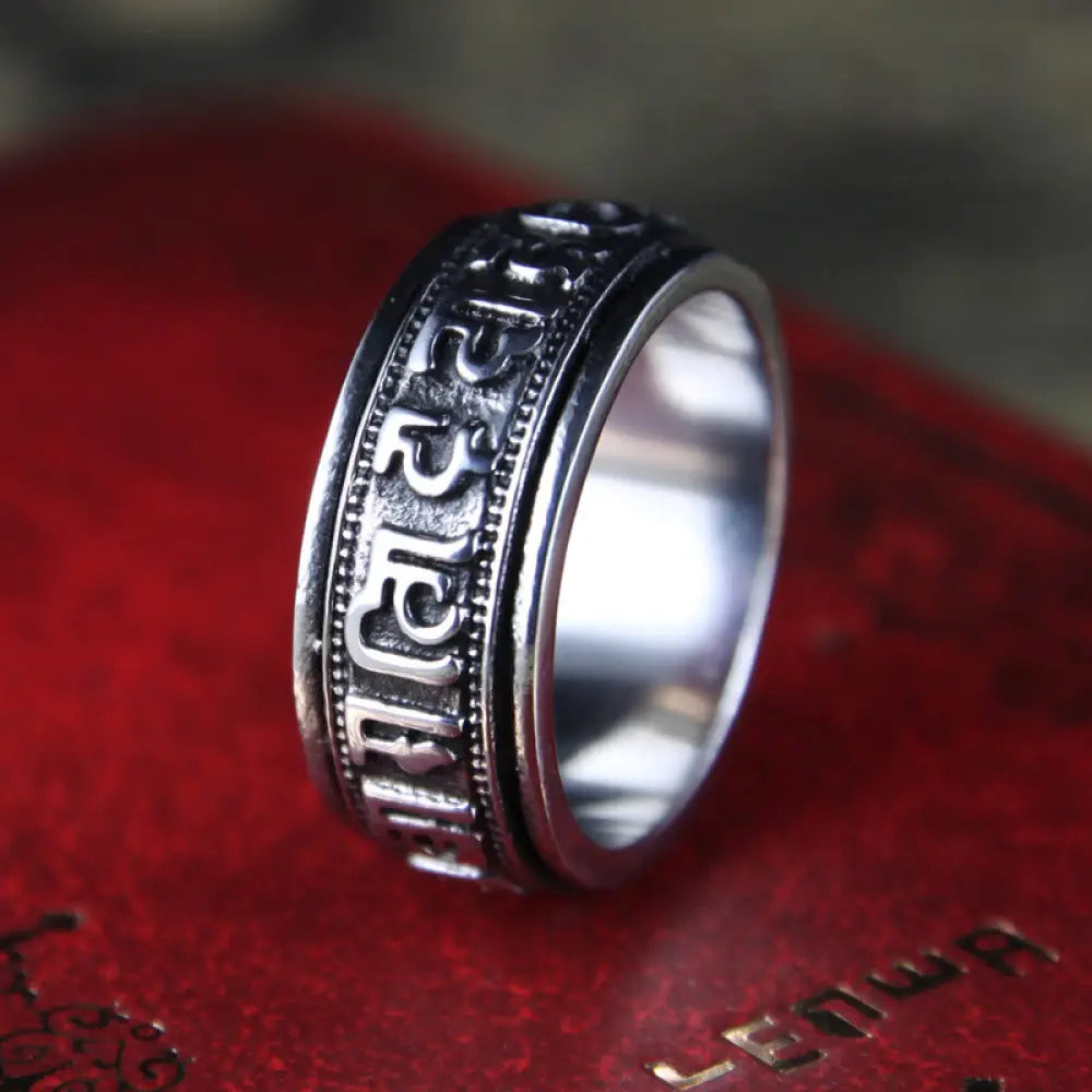BWOOOH Tibetan Om Mani Padme Hum Titanium Steel Spinner Balance Ring — natural stone Tibetan bracelet for spiritual healin...
