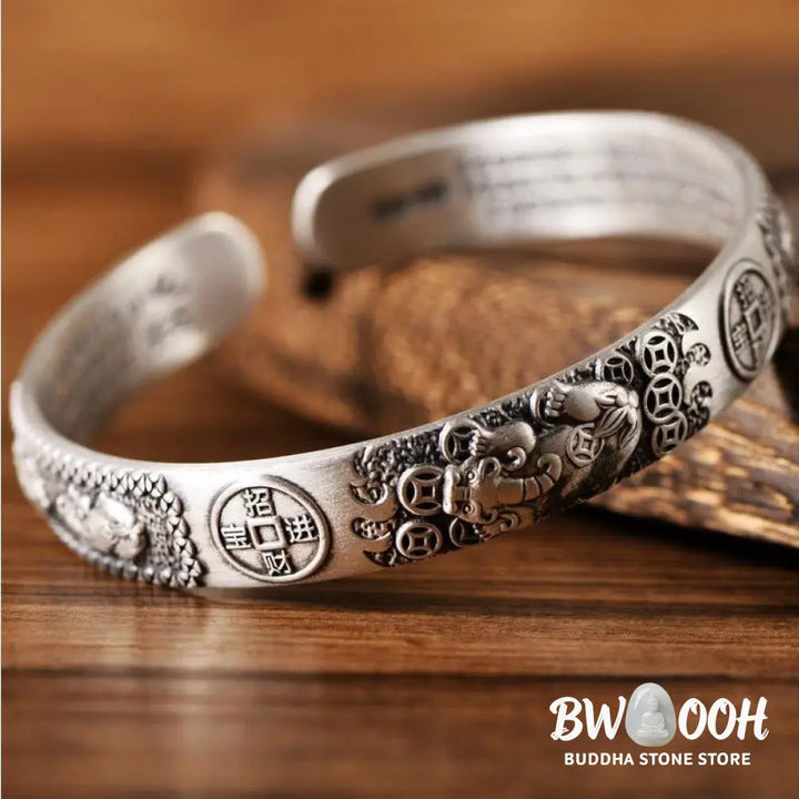 Buddha Stones Tibetan PiXiu Heart Sutra Coin White Copper Wealth Bracelet Adjustable Bangle - BWOOOH - White Copper
