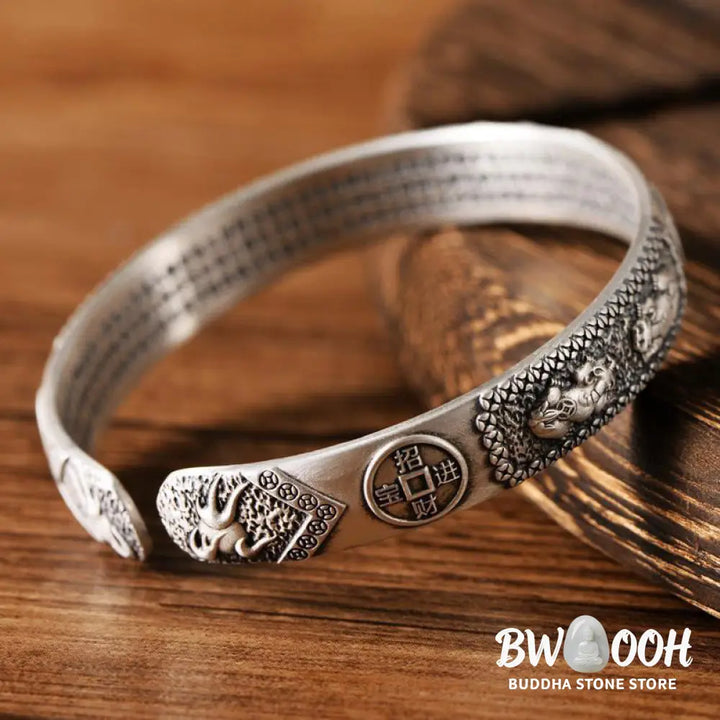 Buddha Stones Tibetan PiXiu Heart Sutra Coin White Copper Wealth Bracelet Adjustable Bangle - BWOOOH - White Copper