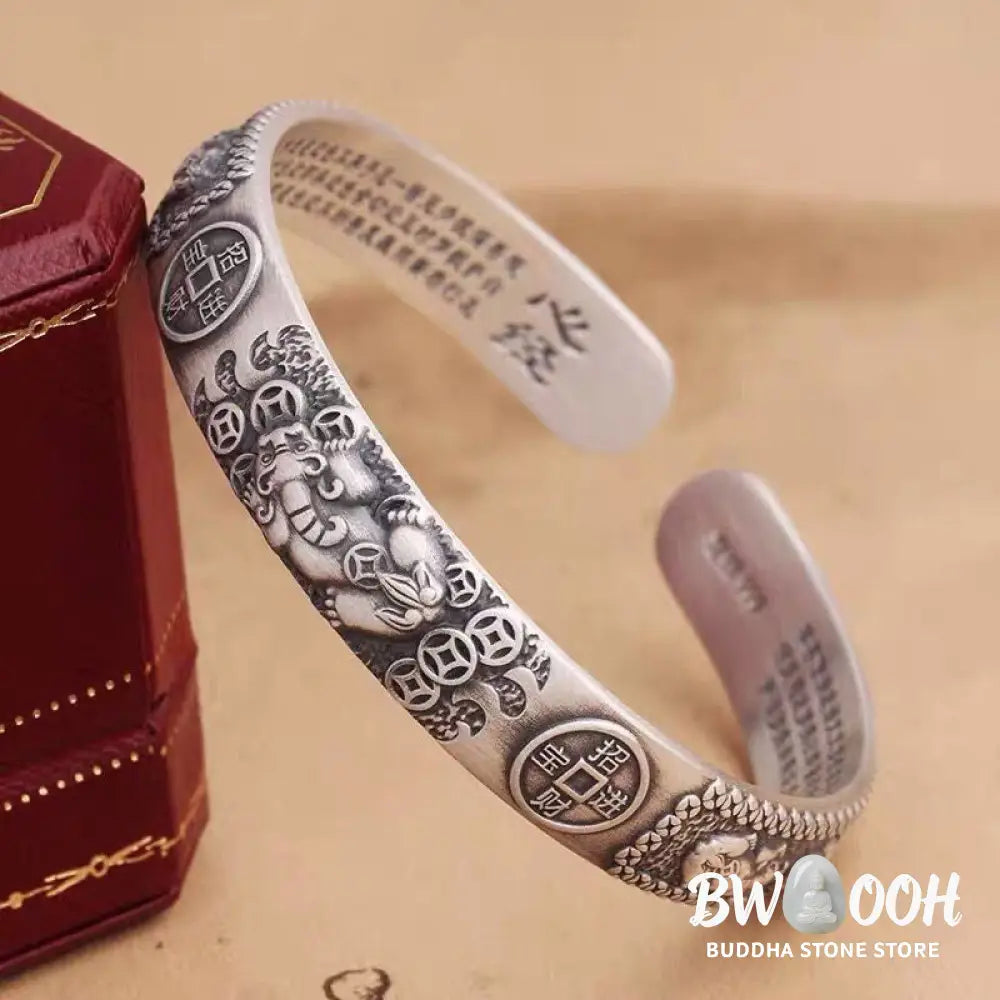 Buddha Stones Tibetan PiXiu Heart Sutra Coin White Copper Wealth Bracelet Adjustable Bangle - BWOOOH - White Copper