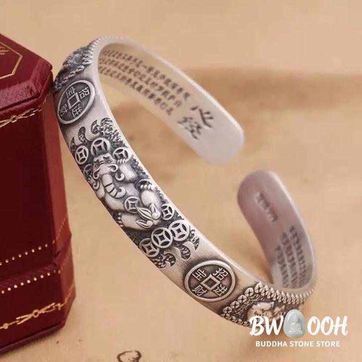 Buddha Stones Tibetan PiXiu Heart Sutra Coin White Copper Wealth Bracelet Adjustable Bangle - BWOOOH - White Copper