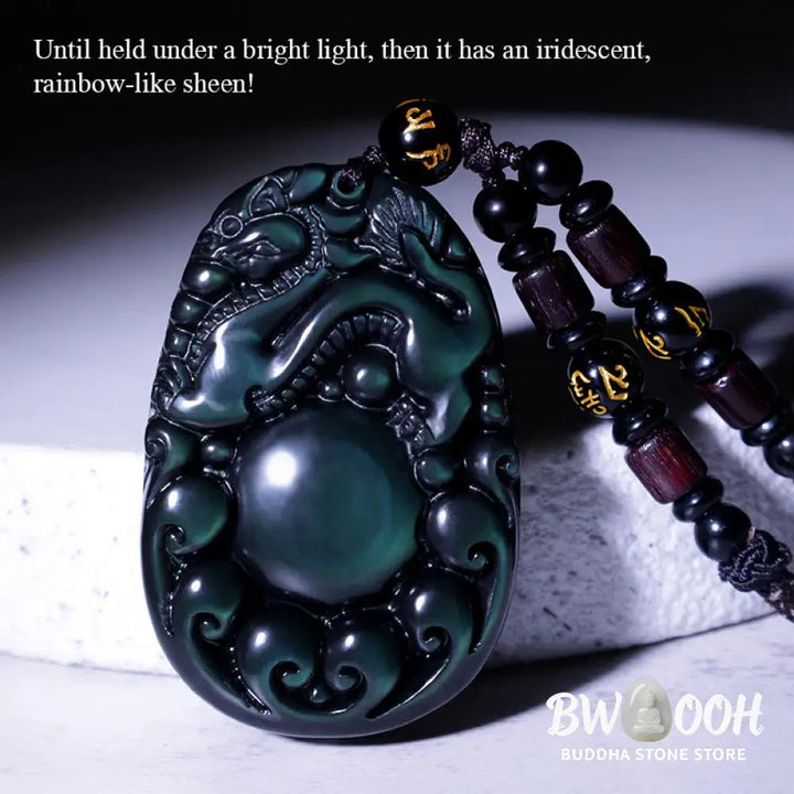 Buddha Stones Tibetan Positive Rainbow Obsidian PiXiu Necklace - BWOOOH - Necklace