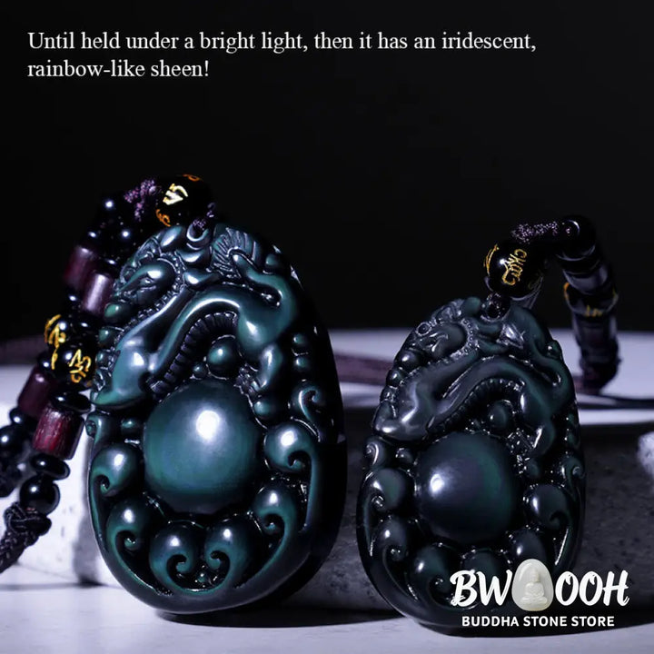 Buddha Stones Tibetan Positive Rainbow Obsidian PiXiu Necklace - BWOOOH - Necklace