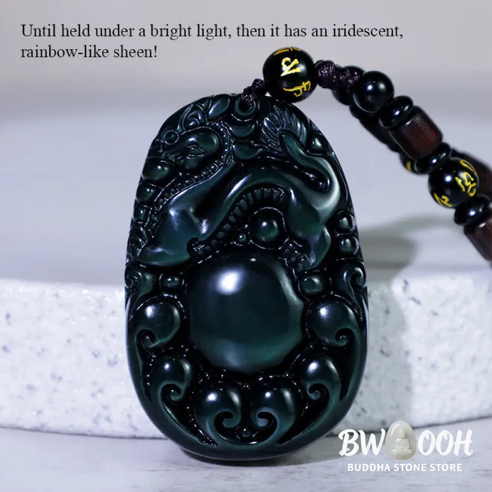 Buddha Stones Tibetan Positive Rainbow Obsidian PiXiu Necklace - BWOOOH - Necklace