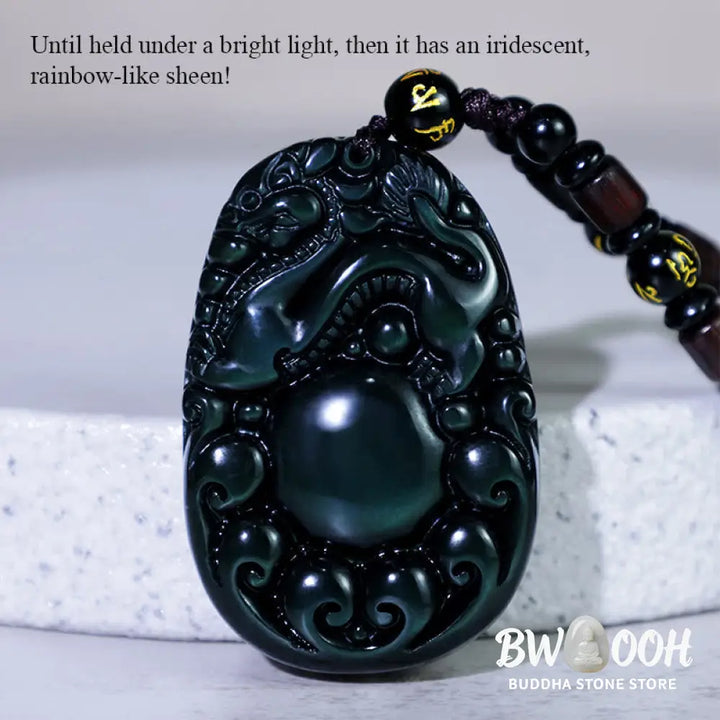 Buddha Stones Tibetan Positive Rainbow Obsidian PiXiu Necklace - BWOOOH - Necklace