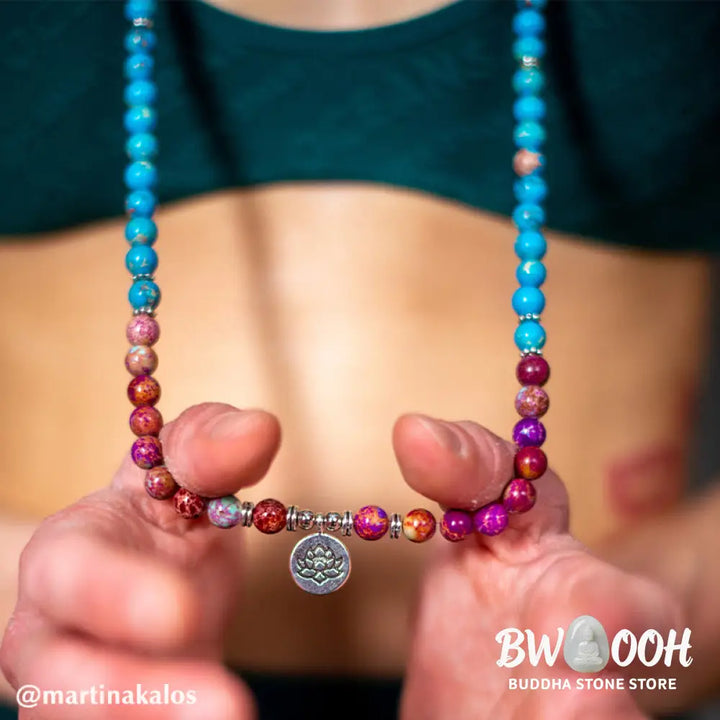 BWOOOH Tibetan Purple Miano Real Harmony Lotus Mala featuring 108 polished 8mm Miano Real and Pink Crystal beads. A sacred amulet designed for spiritual protection, emotional balance, and promoting inner peace during meditation and daily wear. - View 9
