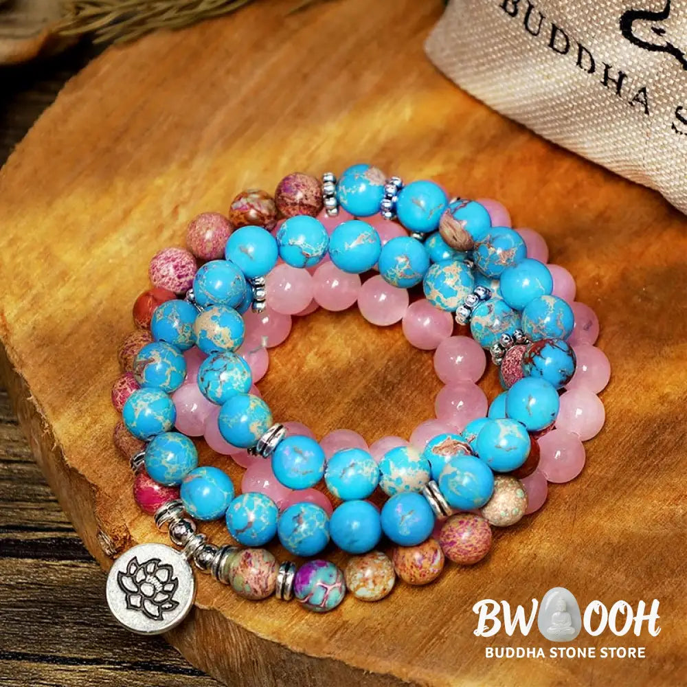 BWOOOH Tibetan Purple Miano Real Harmony Lotus Mala featuring 108 polished 8mm Miano Real and Pink Crystal beads. A sacred amulet designed for spiritual protection, emotional balance, and promoting inner peace during meditation and daily wear. - View 4