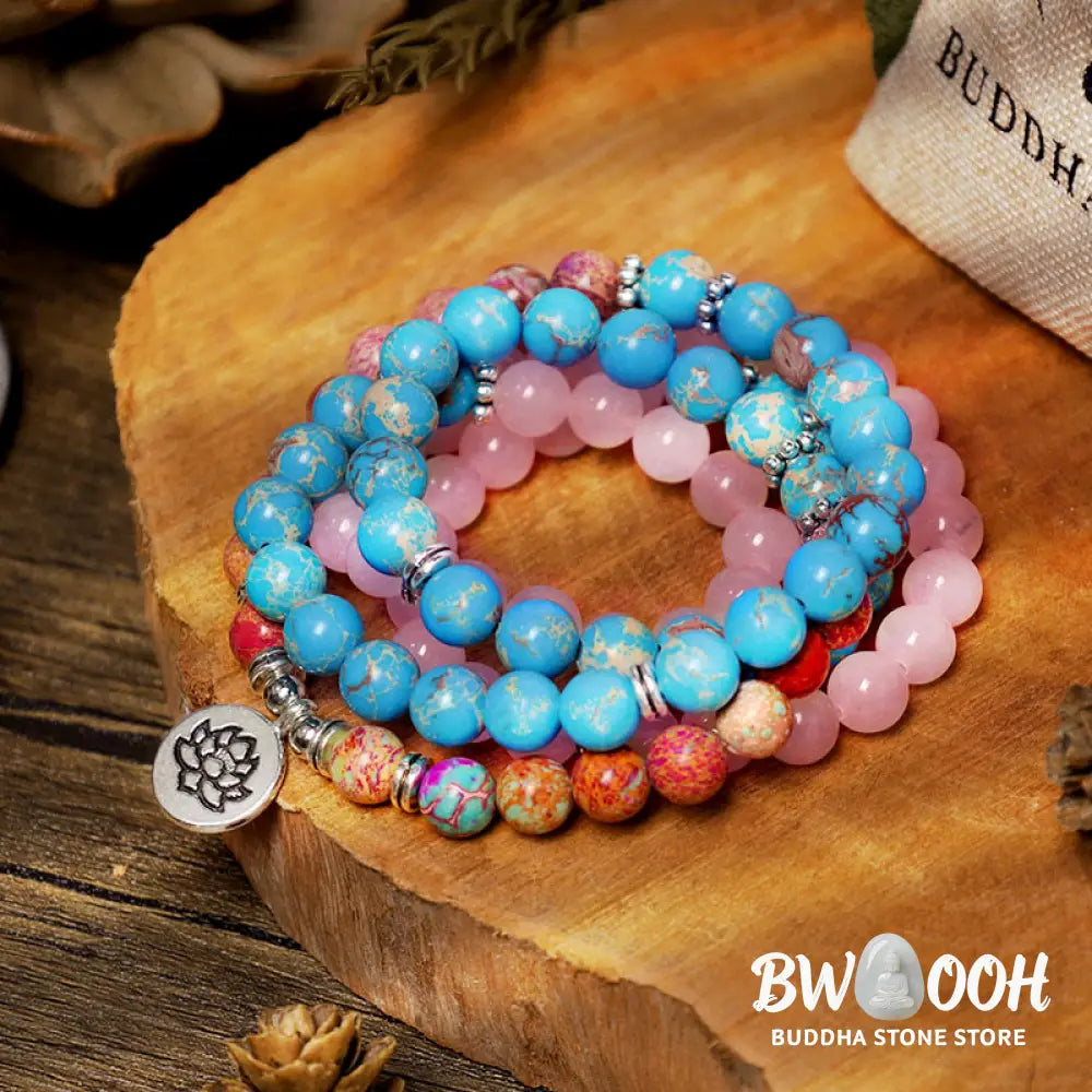 BWOOOH Tibetan Purple Miano Real Harmony Lotus Mala featuring 108 polished 8mm Miano Real and Pink Crystal beads. A sacred amulet designed for spiritual protection, emotional balance, and promoting inner peace during meditation and daily wear. - View 7