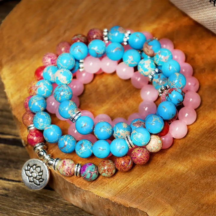 BWOOOH Tibetan Purple Miano Real Harmony Lotus Mala featuring 108 polished 8mm Miano Real and Pink Crystal beads. A sacred amulet designed for spiritual protection, emotional balance, and promoting inner peace during meditation and daily wear.