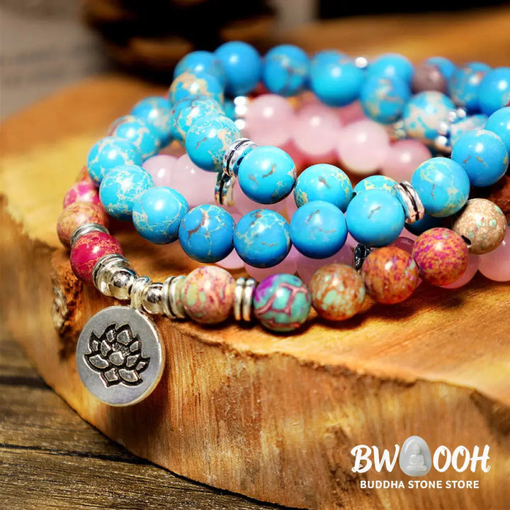 BWOOOH Tibetan Purple Miano Real Harmony Lotus Mala featuring 108 polished 8mm Miano Real and Pink Crystal beads. A sacred amulet designed for spiritual protection, emotional balance, and promoting inner peace during meditation and daily wear. - View 8