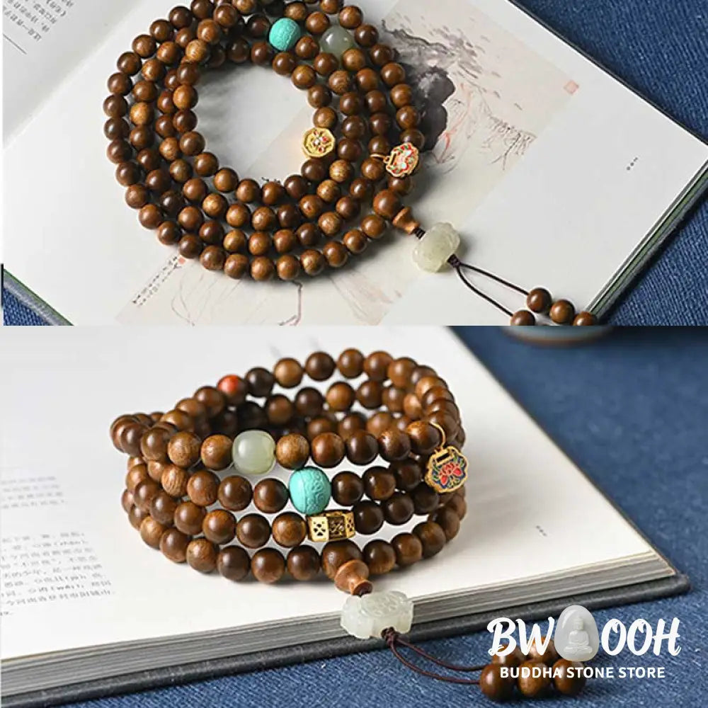BWOOOH Tibetan Rosewood Protection Calm Bracelet Mala, 108 polished rosewood beads (6mm or 8mm) with red agate, green aventurine, turquoise, and jade accents, evoking protection and calm inspired by ancient Dzi traditions. - View 19
