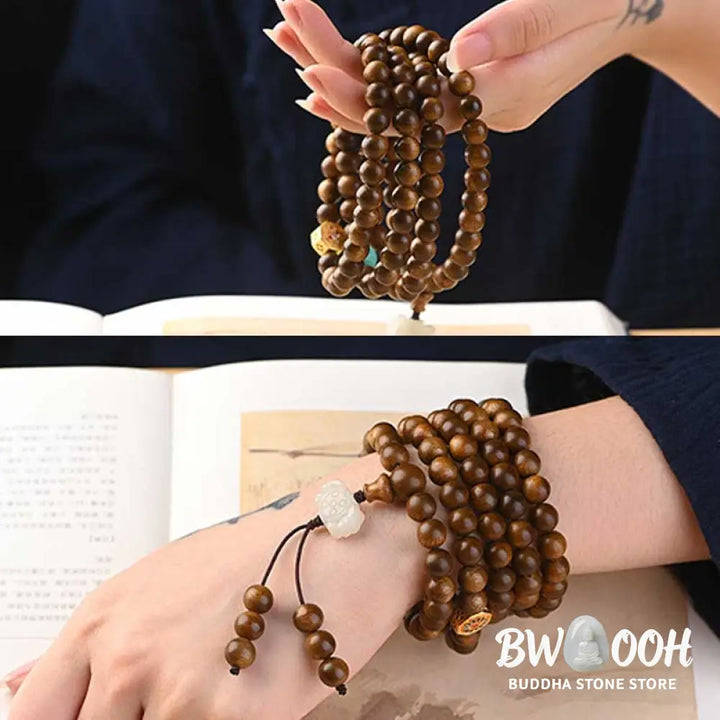 BWOOOH Tibetan Rosewood Protection Calm Bracelet Mala, 108 polished rosewood beads (6mm or 8mm) with red agate, green aventurine, turquoise, and jade accents, evoking protection and calm inspired by ancient Dzi traditions. - View 20