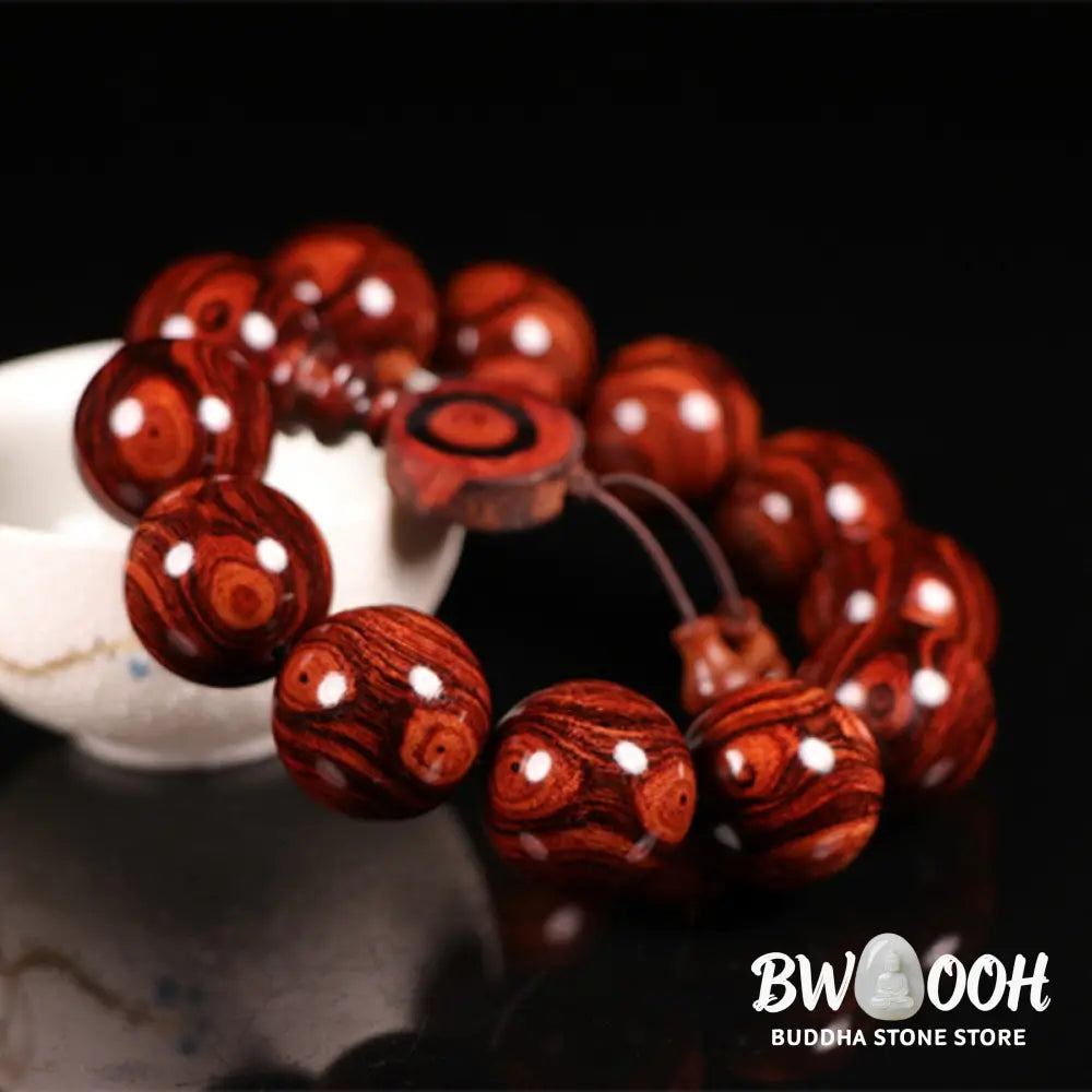 BWOOOH Tibetan Rosewood Warmth Bracelet in a close-up, showcasing either round block or Chinese knotting, with various bead sizes (6mm-30mm), handcrafted for meditation and spiritual protection. - View 2