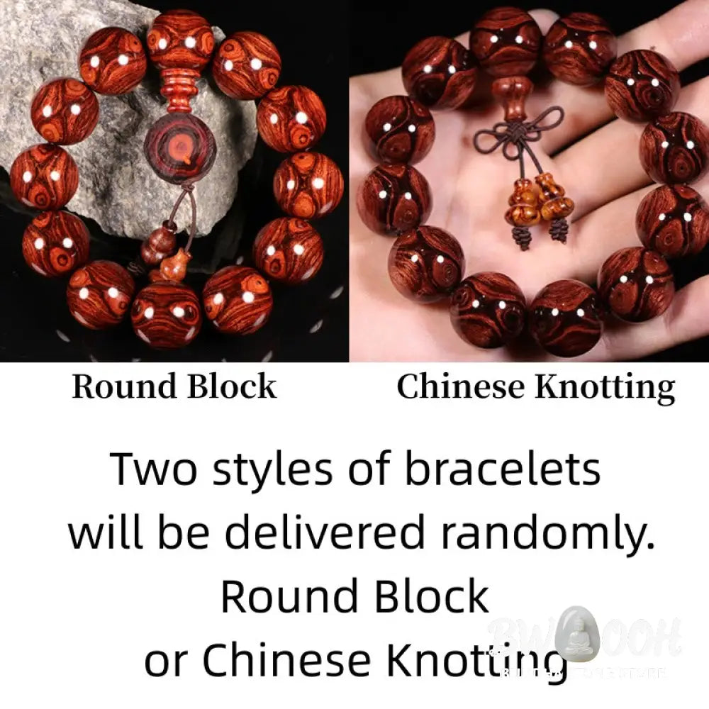 BWOOOH Tibetan Rosewood Warmth Bracelet in a close-up, showcasing either round block or Chinese knotting, with various bead sizes (6mm-30mm), handcrafted for meditation and spiritual protection. - View 3
