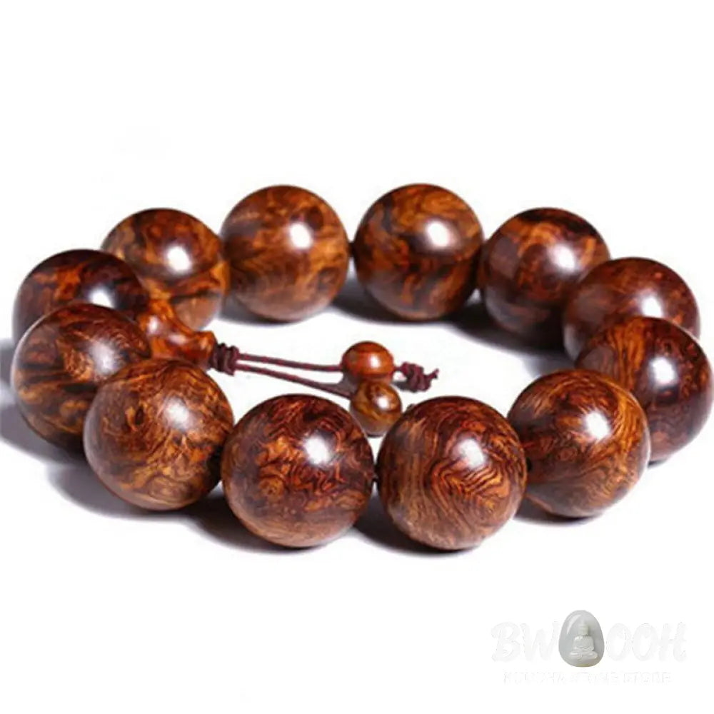 BWOOOH Tibetan Rosewood Warmth Bracelet in a close-up, showcasing either round block or Chinese knotting, with various bead sizes (6mm-30mm), handcrafted for meditation and spiritual protection. - View 7