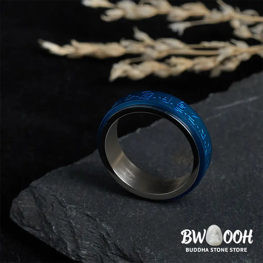 Buddha Stones Tibetan Scriptures Blue Pharmacist Mantra Titanium Steel Spinner Balance Ring - Ring