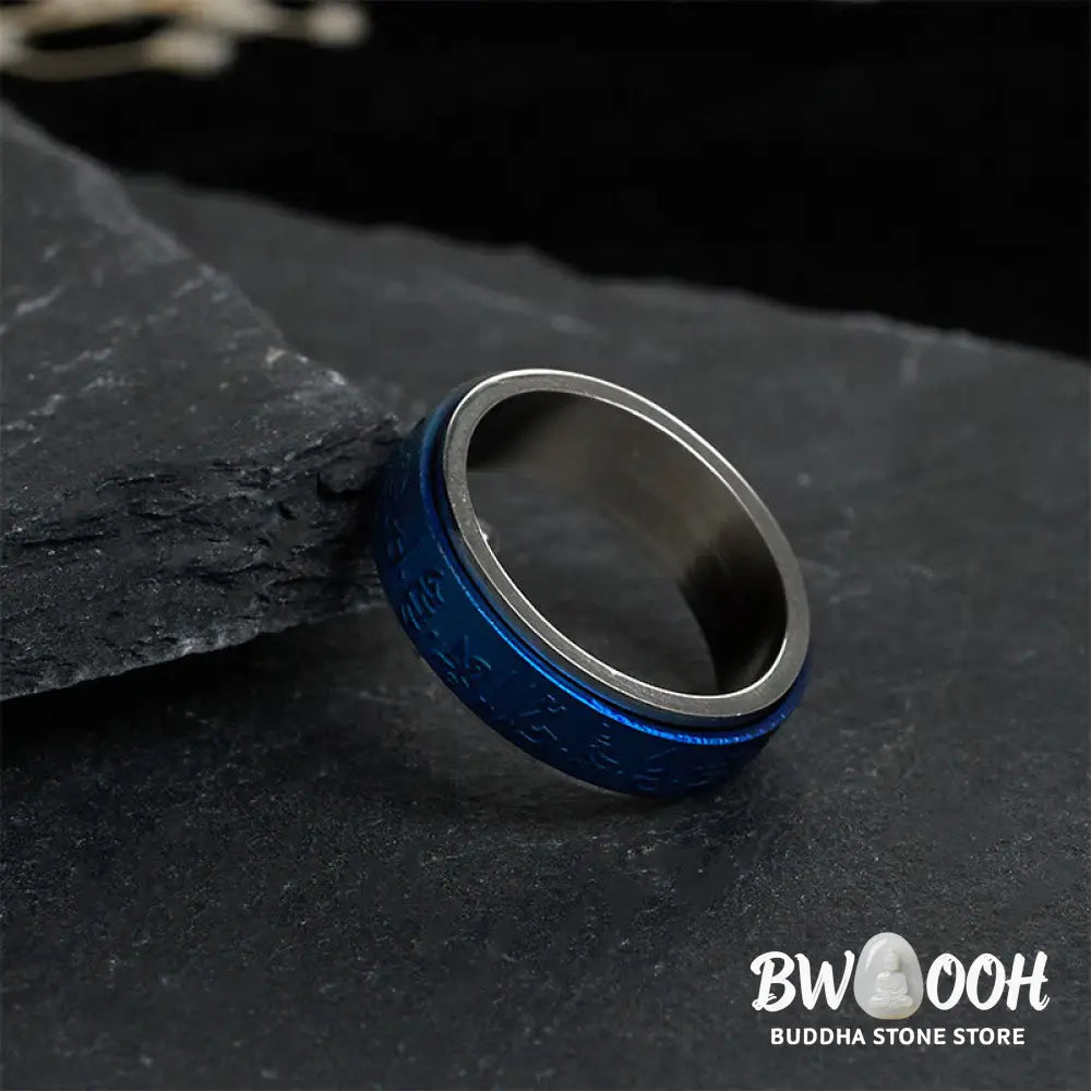 Buddha Stones Tibetan Scriptures Blue Pharmacist Mantra Titanium Steel Spinner Balance Ring - Ring